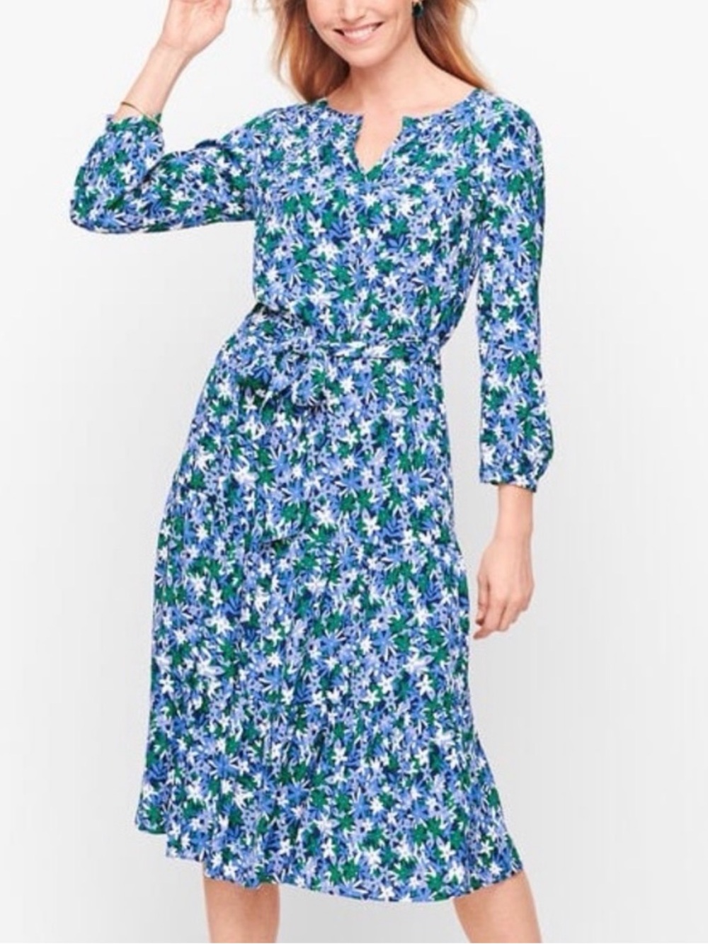 Talbots Blue Floral V-Neck Dress with tie